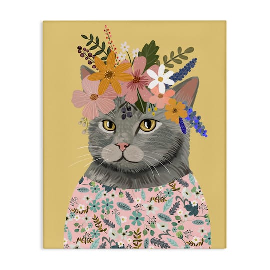 Stupell Industries Spring Cat Floral Portrait Canvas Wall Art